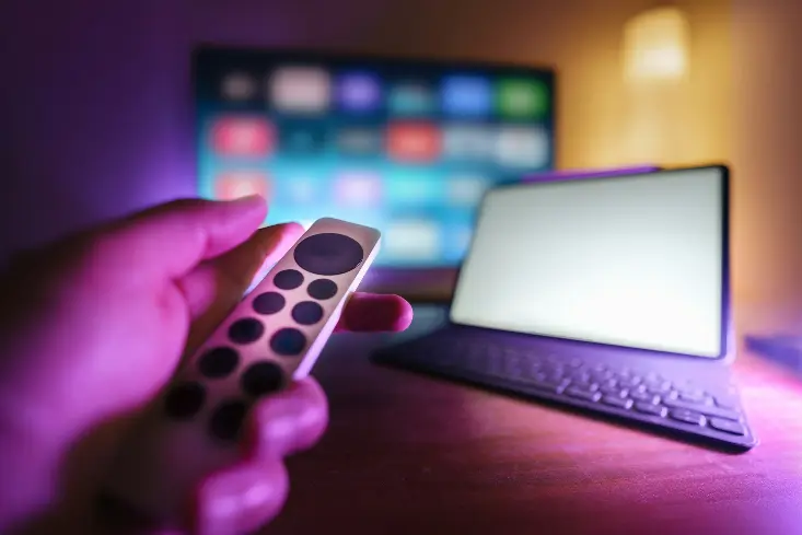 A person holding a remote control in front of a laptop